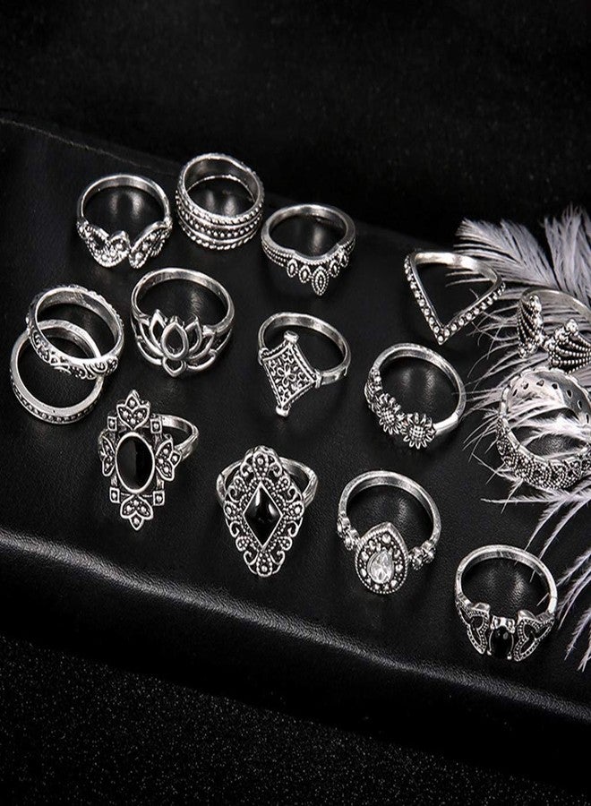 JAGTRADE Ring 15Pcs Vintage Silver Joint Knot Rings Set Women Bohemian Stackable Joint Finger Rings Retro Stone Crystal Stacking Rings - Image 2